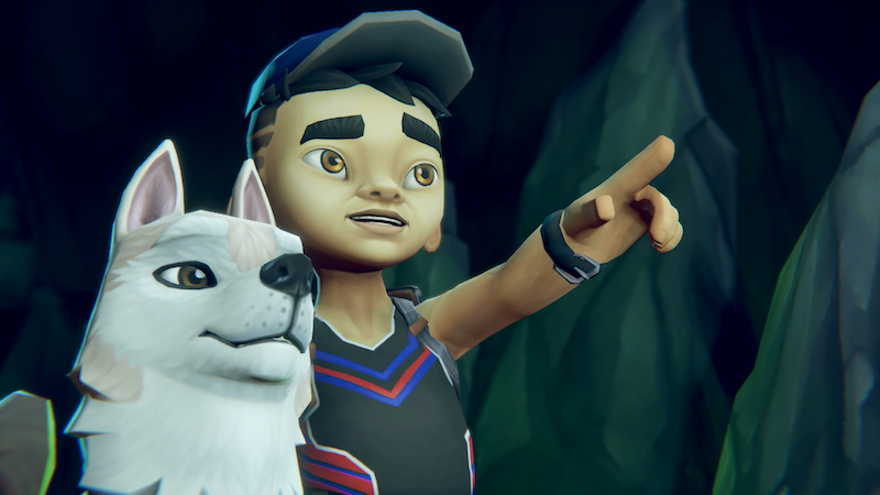 Image shows an illustrated young Māori boy standing need to a white fluffy dog. The boy is looking off to the distance and pointing.