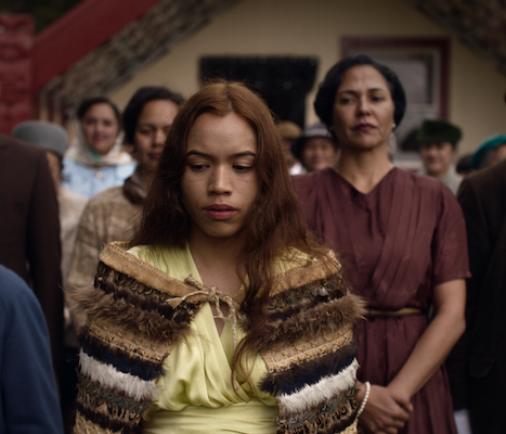 Taumau _ Betrothal scene with Cohen Holloway, Miriama Smith, Cian Elyse White and Hariata Moriarty at Te Waiiti Marae