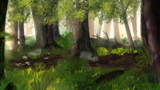 Environment art by Taniko Tapine, of a forest, deep green grass covers the ground with the muddy ground, dark brown trees looming over everything. Some trees have fallen, some still standing strong with vibrant green. The artstyle for this art piece leans towards a more realistic, anime vibe.