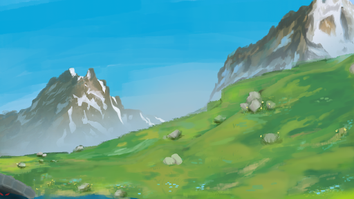 Environment art created by taniko tapine, of a meadow, big mountains covered in snow at the very back, lush green grass with big and small rocks sitting atop the grassy hill, a green river sits under a bridge in which a monster hides under, waiting for three unsuspecting goats to cross the monsters bridge. The artstyle for this piece is inspired by studio ghibli, a very vibrant, painting with realism and an anime touch to it