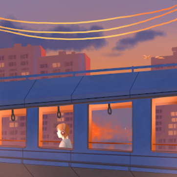 Environment art created by Taniko Tapine, of a young girl, brown neck length hair, a grey sweatshirt on, alone on a train, headphones on, tall buildings stand in the background touched by the deep orange, purple and red hues of the sunset. She is at peace.
