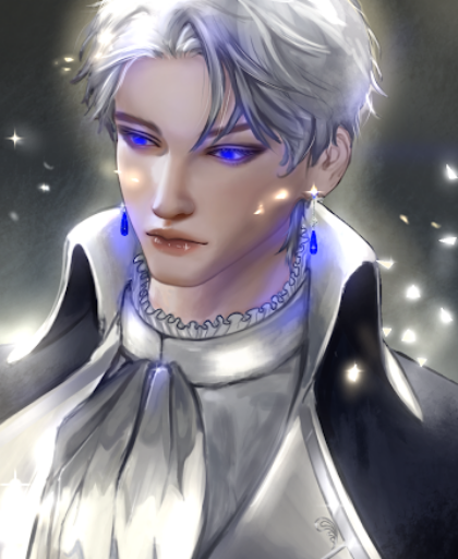 Painting created by Taniko Tapine, of a handsome young man with deep blue eyes, luminescent blue earrings, fair skin, short grey hair and I long neck coat on.
