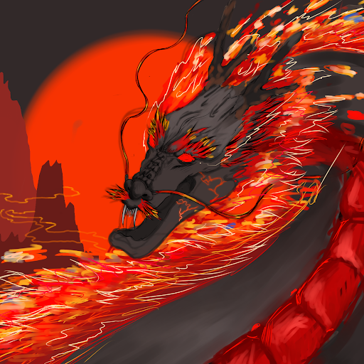 Artwork created by Taniko Tapine. Flaming Chinese dragon with vibrant red, orange and yellow, fur, going a long it’s spine down to its tail and bright red eyes, skin is a dark grey, with red-brownish mountains in the background and a gigantic vibrant red moon in the background.