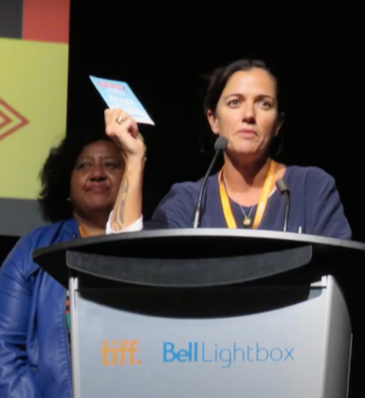 Libby Hakaraia at ImagineNATIVE Media + Arts Festival 2013, announcing the first Māoriland Film Festival