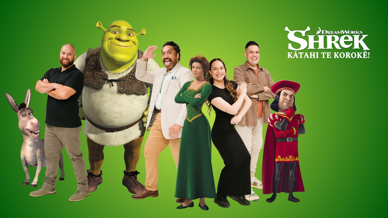 Official Cast of Shrek Kātahi Te Korokē! From L to R: Te Puaheiri Snowden, Maaka Pohatu, Tuakoi Ohia, Jeremy Tatere MacLeod