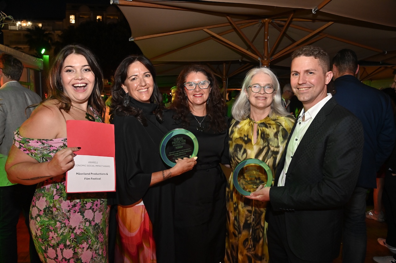 IMG_1245 Madeleine Hakaraia de Young, Libby Hakaraia, Annie Murray, Philippa Mossman and Craig Gainsborough at the Global Production Awards in Cannes
